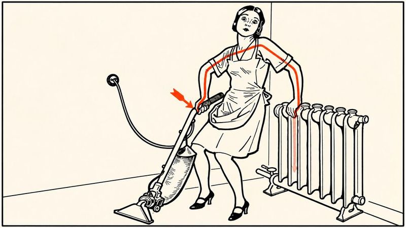 Elektroschutz: Wegen eines Körperschlusses steht das Gehäuse des Staubsaugers unter Spannung. Bei einer Steckdose ohne Schutzkontakt kann die Sicherung nicht auslösen. Ein solcher Fehler bleibt bei einem isolierenden Untergrund, wie einem trockenen Holzboden, unbemerkt bis ein geerdetes System, in diesem Fall der Heizkörper, angefasst wird und ein lebensgefährlicher Fehlerstrom (rot) durch den Menschen fließt.(Bild:  Stefan Jellinek: Elektroschutz. Wien – Leipzig 1931, mit KI erweitert)