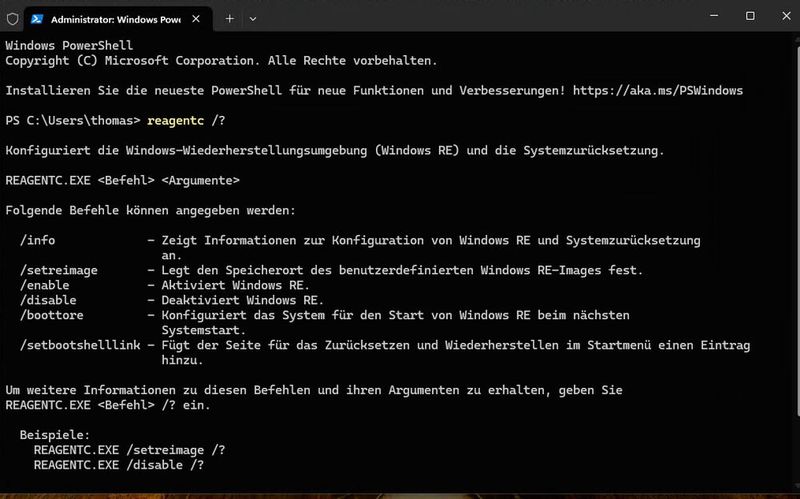 Die Hilfeausgabe von „reagentc /?“ zeigt die Parameter zum Aktivieren, Deaktivieren und Konfigurieren der Windows-Wiederherstellungsumgebung. (Bild: Joos | Microsoft)