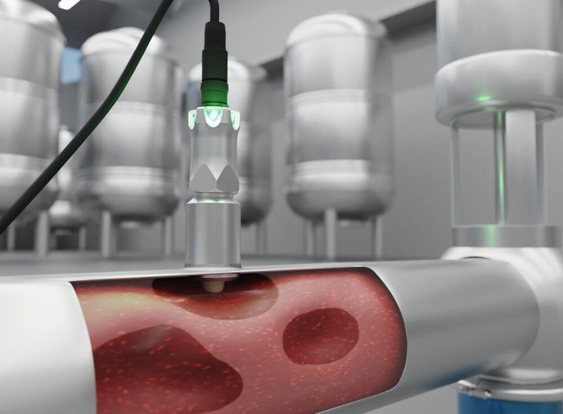 Der Baumer-Analysesensor PAD20 zur Detektion von Luft- und Gasblasen ist direkt am Zuleitungsrohr des Containers platziert.  (Bild: Baumer, © amenic181 - stock.adobe.com)