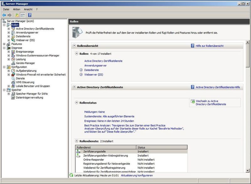 Abbildung 4: Ansicht des Server-Managers. Er unterscheidet sich von dem Server-Manger des Zielhosts darin, dass er weitere Snap-ins, wie beispielsweise den Speicher-Manager für SANs integriert hat. Leider führt der Knoten „Webserver (IIS)“ nicht zum gewohnten Snap-in. Es können lediglich die Dienste des IIS verwaltet werden. (Archiv: Vogel Business Media)