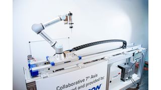 Dieser Cobot wurde mit der Movotrak-CTU von Thomson kombiniert. Sie erweitert den Aktionsradius dieser Roboter deutlich, sagt Rodriguez, woher man das System jetzt beziehen kann. Lesen Sie hier, was man sich damit für Vorteile in die Produktion holen kann ... (Bild: Rodriguez)