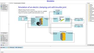 Simulation einer elektrischen Schließeinheit mit Kniehebel, die die effiziente Auslegung von Antrieb und Motor ermöglicht sowie die Transparenz bezüglich Drehzahl, Drehmoment und Energieverbrauch aber auch weiteren Parametern bietet. (Bild: Baumüller)