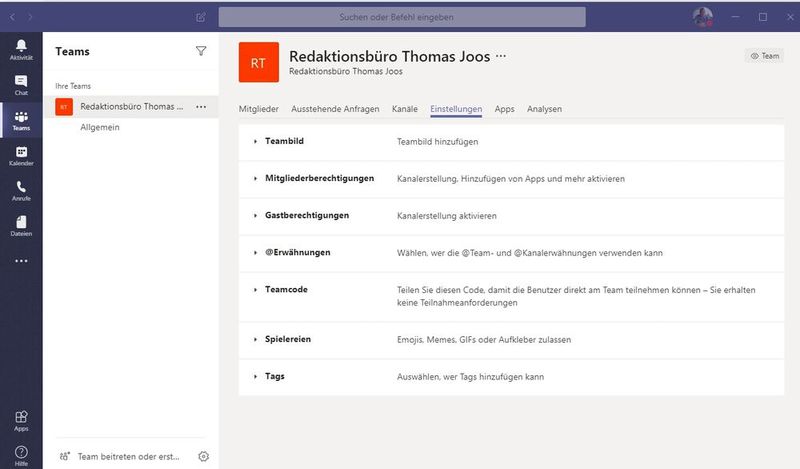 Über „Einstellungen“ in den Team-Eigenschaften lassen sich viele Konfigurationen vornehmen. (Bild: Joos / Microsoft)