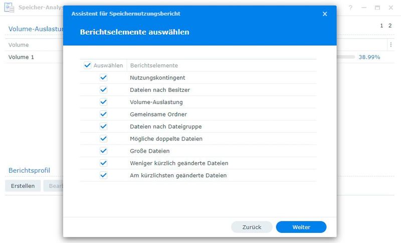 Auswählen der Berichtselemente für eine Aufgabe des Storage-Analyzers. (Bild: Joos - Synology)