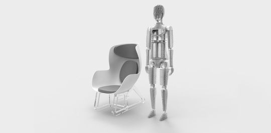 Der Stuhl und die Dummy-Puppe sind mit Sensoren ausgestattet, um ihre Umgebung zu erfassen. Der Stuhl und die Dummy-Puppe sind mit Sensoren ausgestattet, um ihre Umgebung zu erfassen.