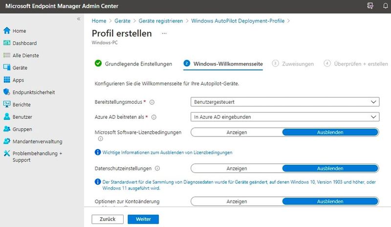 Im Autopilot-Bereitstellungsprofil legt die Administration den Bereitstellungsmodus und die Einbindung in Azure AD fest, die nach der Neuinstallation den weiteren Ablauf der Ersteinrichtung steuern. (Bild: Joos | Microsoft)