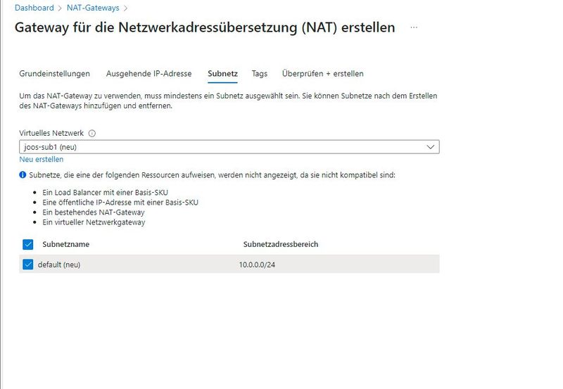 Anpassen des Subnetzes im NAT-Gateway. (Bild: Joos - Microsoft)