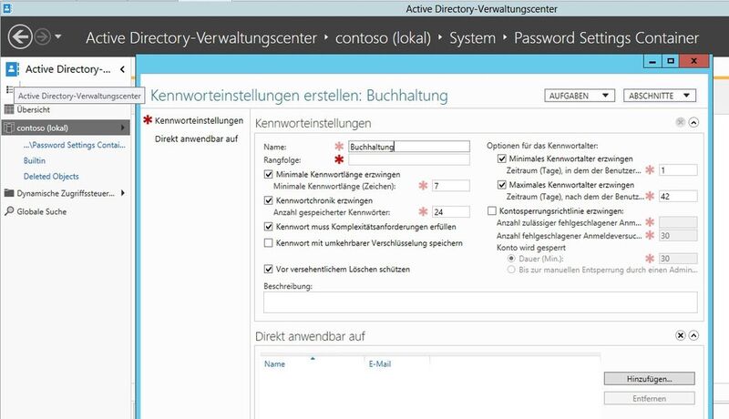 Nach dem Start des Active-Directory-Verwaltungscenters ist es möglich, die Kennwortrichtlinien über „\System\Password Settings Container“ zu steuern. Nach dem Öffnen des Containers lässt sich mit „Neu\Kennworteinstellungen“ eine neue Kennworteinstellung definieren. (Bild: Archiv)