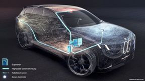 BMW hat bei seiner E-Auto-Plattform „Neue Klasse“ die Zahl der Steuergeräte nicht auf eines, aber immerhin auf vier „Superbrains“ reduziert – und damit 600 Meter Kupferkabel eingespart (Zonencontroller sind kleinere Steuergeräte). (Bild: BMW)