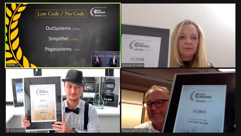 Nicht nur Profis können programmieren, das würdigte Dev-Insider mit der Kategorie „Low Code / No Code“. Die strahlenden Sieger heißen Andrea Ponzelet für OutSystems (Platin), Erik Hufeld von Simplifier (Gold) sowie Harald Esch von Pegasystems (Silber). (Bild: Vogel IT-Medien)