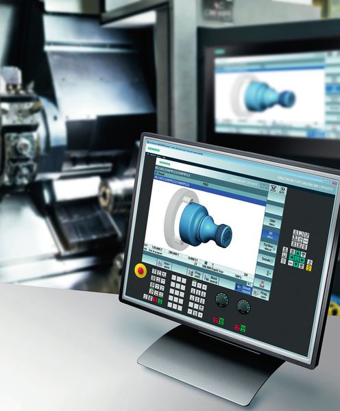 SinuTrain sieht auf dem PC und der Maschine identisch aus. Das erleichtert den Lernenden den Umstieg an die echte Sinumerik-gesteuerte Werkzeugmaschine (Siemens)
