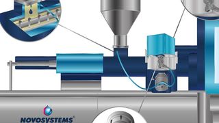 Beispiel für ein Flüssigdosiersystem mit Over top-Cubitainer auf einer Kunststoffverarbeitungsmaschine, das Novosystems auf der Fakuma präsentiert. (Bild: Novosystems)