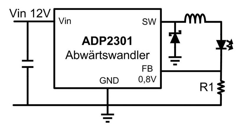 Bild 1: LED im Feedbackpfad eines Schaltreglers für die Abwärtswandlung. (Analog Devices)