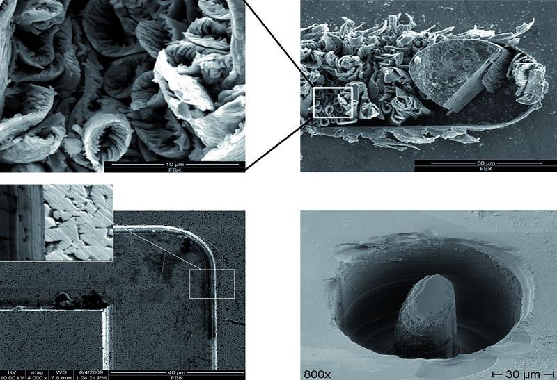 Bild 6: Mikrotitanspäne TiAl6Nb7 (a), abgebrochener Mikroschaftfräser in einem Graben in  TiAl6Nb7 umgeben von Mikrospänen (b), geschliffener Graben in Hartmetall mit einer Breite von 36 µm (c) und Mikrostruktur zum Massennachweis aus Quarz (d). Bilder FBK (Archiv: Vogel Business Media)