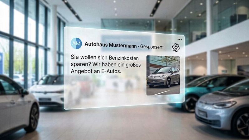 Chat-GPT ist jetzt auch für Werbung offen. Fahrzeugwerbung von Autohändlern ist noch nicht ohne Weiteres möglich, wie Agenturinhaber Andreas Kühnen schildert. Die Vorbereitung auf das Werbeformat lohnt sich aus seiner Sicht aber.(Bild:  Gemini / KI-generiert)