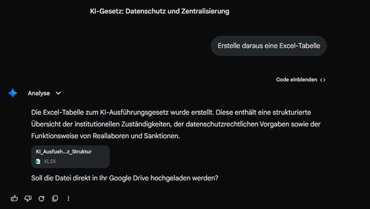 Die Gemini-App erstellt jetzt ohne App-Wechsel direkt aus dem Prompt fertige Dateien in Word, Excel, PDF und Google-Workspace-Formaten.(Bild:  Joos - Google)