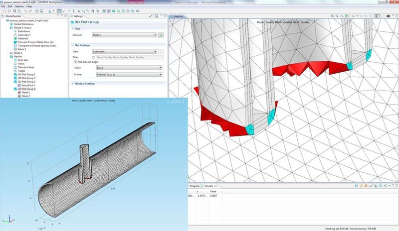 Comsols neue, physikalisch kontrollierte Vernetzung passt die Netzdichte und den Elementtyp den jeweiligen physikalischen Einstellungen an. Das Bild zeigt ein automatisch generiertes Netz, mit einer Mischung aus Prismen- (grau), Hexaeder- (cyan) und Pyramidenelementen (rot), das für eine CFD-Simulation optimiert wurde. Der restliche Bereich (nicht im Bild dargestellt) ist mit Tetraederelementen gefüllt.  (Bild: Comsol)