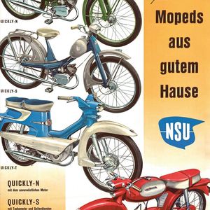 Werbeanzeige zum Erreichen des Verkaufsrekords von einer Million NSU Quicklys: Bereits 1954, also ein Jahr nach Produktionsbeginn, waren 100.000. Quicklys produziert. Sie waren für viele Leute, die bislang nur Fahrrad fuhren, der Inbegriff des technischen und wirtschaftlichen Fortschritts der Fünfzigerjahre: nicht mehr selbst treten müssen. (Bild:  Audi AG)