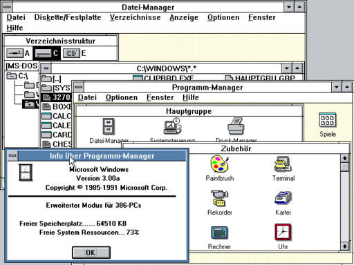 Screenshot von Windows 3.0 (hier in der Fassung Windows 3.00a) (Bild: Screenshot/Microsoft)