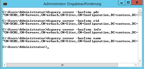 Abbildung 8: Zusätzlich lassen sich die FSMO-Rollen auch mit „dsquery server –hasfsmo pdc | rid | infr | schema | name“ abfragen. Auch hier sollte kein Fehler erscheinen. (Joos)