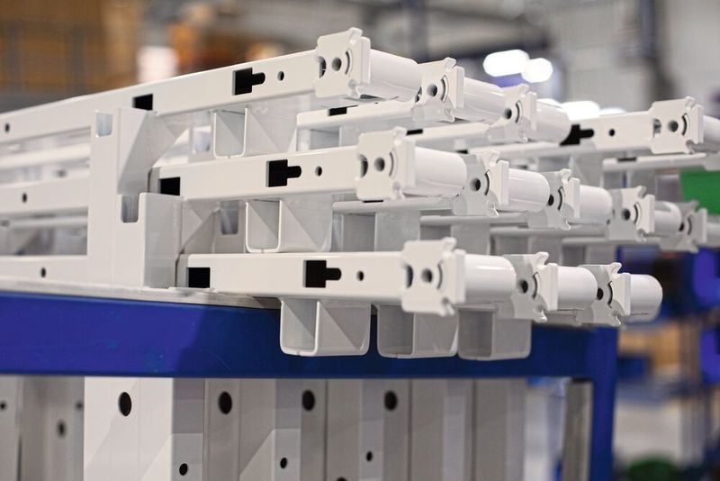 Fertige Rohrkonstruktionen für den Bau von Klinikbetten bei Stiegelmeyer in Polen nach der Lackierung. Nun sind sie bereit für die Montage. (Bild: P. Malecki / Fotogloria)