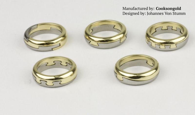 Puzzle-Ringe des Schmuckdesigners Johannes von Stumm, im 3D-Druck aus Gold gefertigt (Bild: Cooksongold)