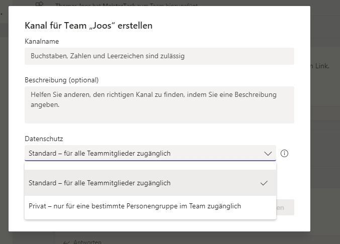 Beim Erstellen eines Kanals kann dieser unter dem Punkt „Datenschutz“ auch als „Privat“ und damit nur für eine bestimmte Personengruppe im Team zugänglich gemacht werden. (Thomas Joos / Microsoft)