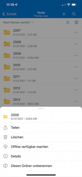 Aktionen für Ordner in SharePoint-Bibliotheken, die in der OneDrive-App zur Verfügung stehen. (Joos)