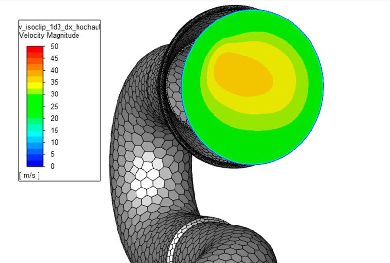 Darstellung der Strömungsgeschwindigkeit in dem Abgas-DOC-Querschnitt, in dem das Abgas den DOC zu 1/3 durchlaufen hat. Dieser Querschnitt ist maßgeblich für den geforderten UI. (Bild: Liebherr-Werk Ehingen)