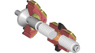 Beim hydrostatischen Gewindetrieb gleitet die Mutter (rechts) auf einem Ölfilm, der sich auf den Gewindeflanken befindet. Dadurch ist die Bewegung verschleißfrei, unabhängig von der Belastung und Geschwindigkeit. Bild: Hyprostatik (Archiv: Vogel Business Media)
