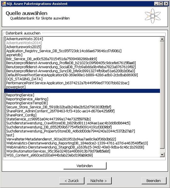 Abbildung 1: Auswählen der SQL-Datenbank zur Migration (Bild: Thomas Joos)