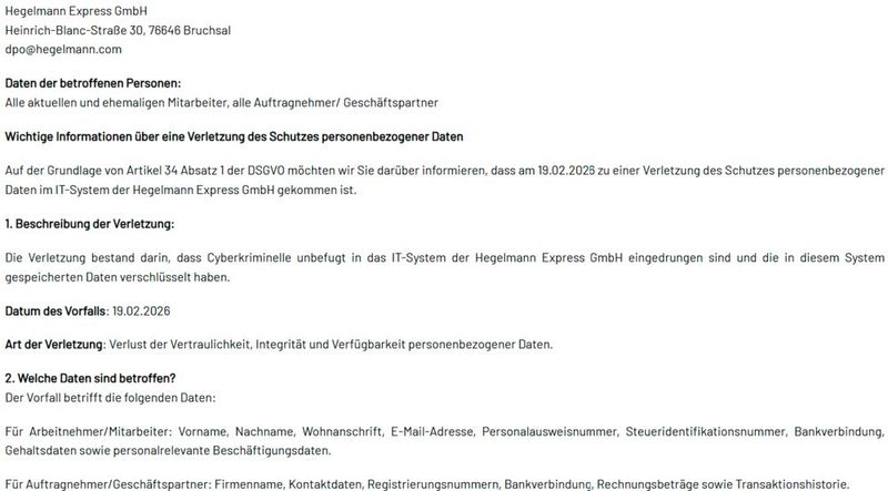 Hegelmann informierte seine Geschäftspartner am 19. Februar 2026 über einen unberechtigten Zugriff auf die IT-Systeme. (Bild: Vogel IT-Medien GmbH)