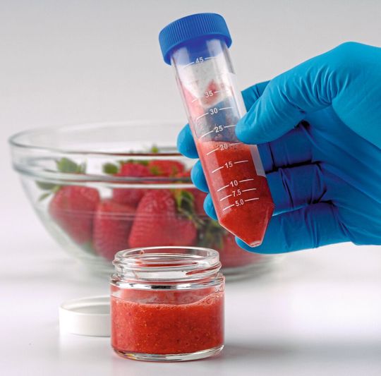 Abb.1: Obst wie Erdbeeren sind eine typische Lebensmittelmatrix und können mithilfe eines Standard QuEChERS-Röhrchen für die Analyse vorbereitet werden. Abb.1: Obst wie Erdbeeren sind eine typische Lebensmittelmatrix und können mithilfe eines Standard QuEChERS-Röhrchen für die Analyse vorbereitet werden.