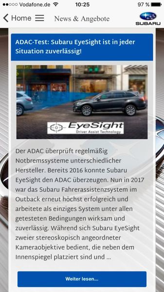 Außerdem bleiben App-Nutzer über den News-Bereich ständig auf dem neuesten Stand. (Screenshot Subaru Service-App)