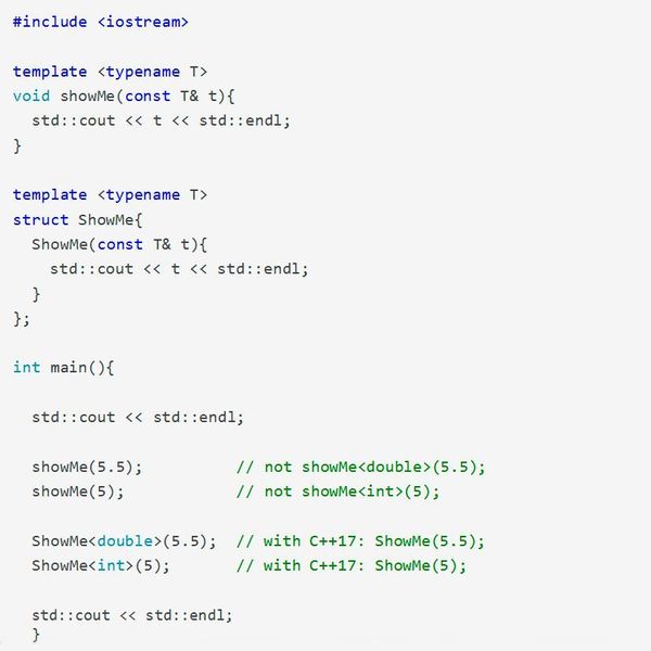 Bild 2: Für die auskommentierten, Konstruktoraufrufe ShowMe ohne eckigen Klammern ist ein C++17 Compiler notwendig.  (Rainer Grimm)