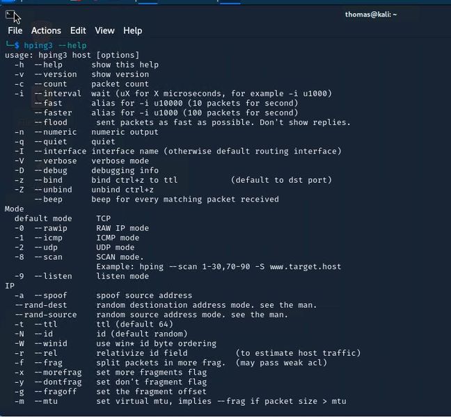 Hping bietet umfassende Möglichkeiten zur Analyse, auch für fortgeschrittene Nutzer. (Bild: Joos - Kali / OffSec Services)