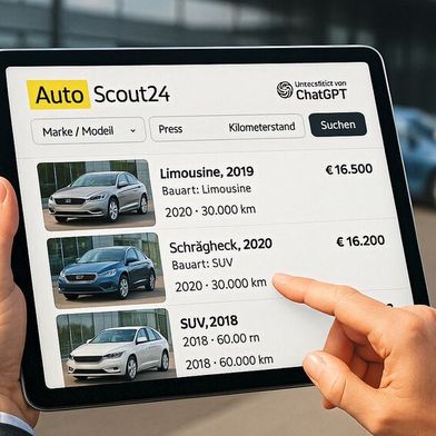 Autoscout 24 bietet Nutzern jetzt eine App zur Fahrzeugsuche, die in den weit verbreiteten KI-Chatbot Chat-GPT integriert ist. (Symbolfoto) (Bild: Dall-E / KI-generiert)