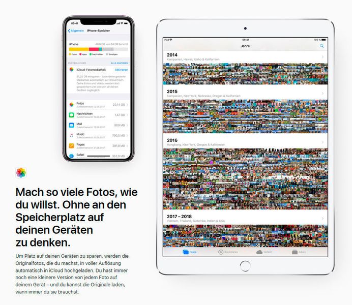 Abb. 3: Einmal richtig konfiguriert landen alle Originalfotos in hoher Auflösung automatisch in der iCloud. Auf den Endgeräten liegt eine kleinere Version, um Speicherplatz zu sparen. (Apple (screenshot https://www.apple.com/de/icloud/))