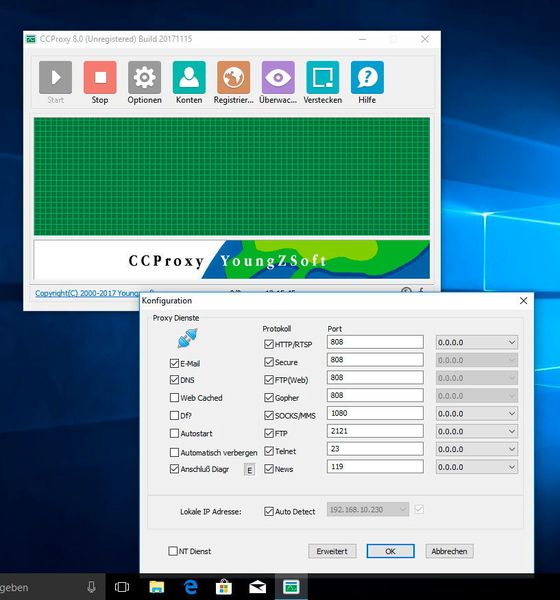 CCProxy ist eine kleine Proxy-Lösung, ähnlich wie AnalogX Proxy. Allerding stehen hier mehr Einstellungsmöglichkeiten zur Verfügung. (Joos / YounZSsoft)