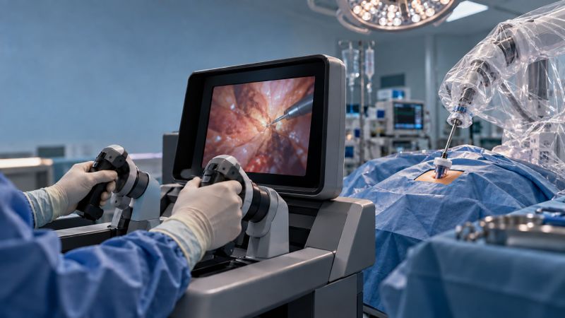 Konsole und steril abgedeckter Roboterarm im selben OP-Saal: Der FDA-Entwurf befasst sich mit lokal gesteuerten Operationsrobotern.(Bild:  Symbolbild, KI-generiert / Redaktion Devicemed)
