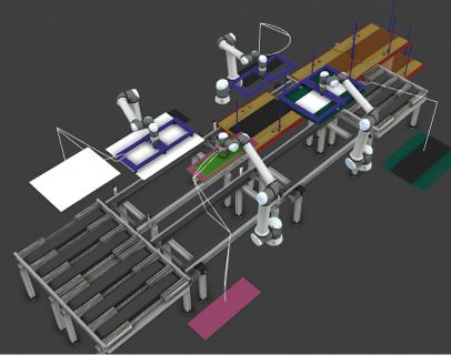 (Bei diesem Fertigungskonzept bewegt sich der Werkstückträger über ein Förderbandsystem zu den einzelnen Robotern. Diese legen, wenn der Stack in ihrem Arbeitsbereich ist, jeweils eines der rund 300 Bauteile des Stacks ein. Bild: Visual Components)