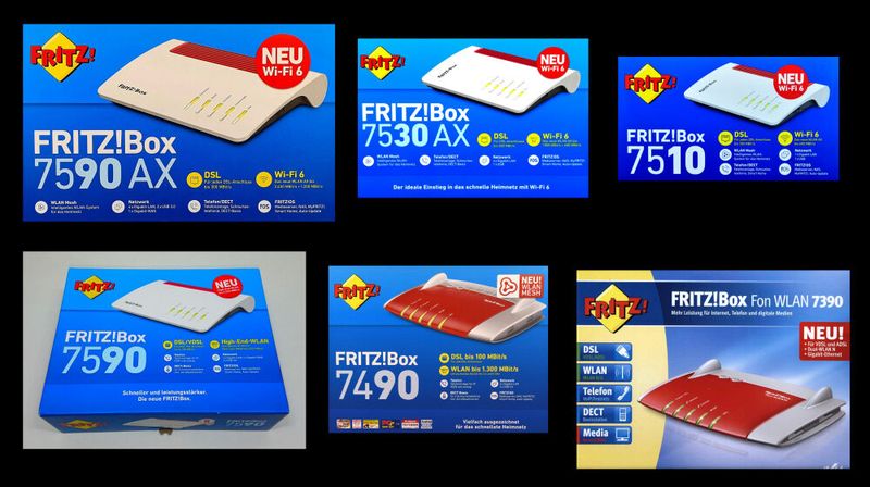 DSL-Fritzboxen: Deutschland optimiert uralte Kupfer-Litzen-Netze. Deshalb gibt es hier so viele Fritzboxen mit fest verbautem DSL-Modem: 2009 kam die 7390. 2013 kam die 7490. 2017 kam die 7590 mit VDSL 35b bis 300 MBit/s. 2021 kam die 7590 AX, auch mit 35b bis 300 MBit/s. (Bild: Harald Karcher)