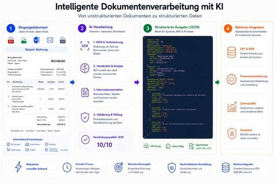 Vom Eingangsdokument zum strukturierten JSON-Output – eine Eingangsrechnung wird erkannt, klassifiziert und als maschinenlesbares JSON ausgegeben. Ein hoher Confidence Score löst vollautomatisches Dunkelrouting aus.(Bild:  BinaryBrains)