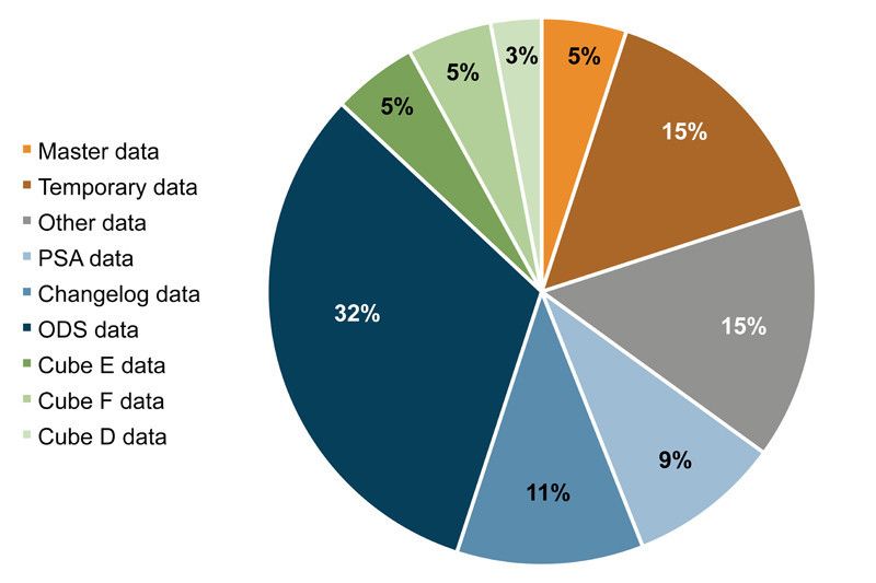 Die typische Datenverteilung in einem Business Warehouse. 20 bis 40 Prozent der Daten sind überflüssig und sollten regelmäßig gelöscht werden. (Quelle: Datavard BW Fitness Test) (Bild: Datavard)