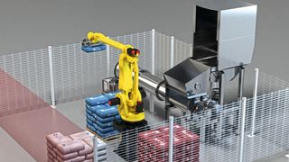 Das intelligente Smart-Pick-System wird mit einem Roboter zum Aufnehmen von Säcken von Paletten kombiniert.  (Bild: Sacchi)