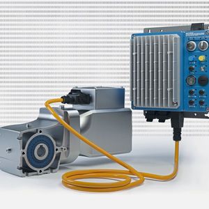 Für höhere Leistungsbereiche: Der IE5+ Synchronmotor mit dem dezentralen Frequenzumrichter Nordac Flex SK 205E(Bild:  Nord Drivesystems)