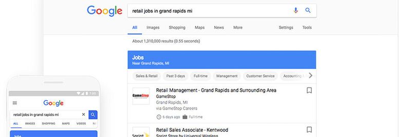 Der Dienst Google for Jobs bringt Stellensuchende wie -anbieter zusammen, ohne herkömmliche Jobportale außen vor zu lassen.(Bild:  Google)