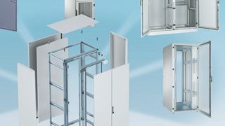 Schranksystem IS-1: Der Grundaufbau des IS-1 in der Mitte ist umgeben von Beispielen der unterschiedlichen Konfigurationsmöglichkeiten. Von unten links im Uhrzeigersinn: Netzwerkschrank, Industrieschrank, Colocationrack, Sonderschrank, Serverschrank.  (Bild: Schäfer Werke)