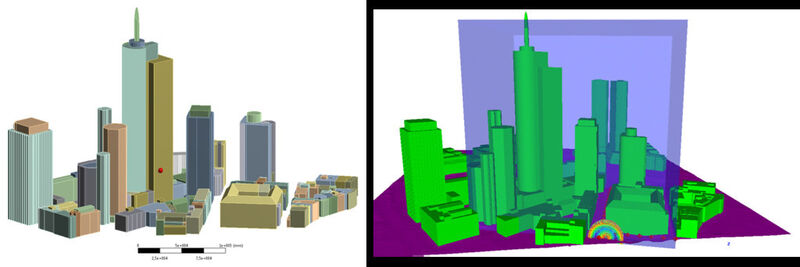 Mechanisches Modell des urbanen Szenarios (links) und Darstellung des Simulationsmodells mit Luftraum, Detonationszentrum und Messpunkten (rechts). (Bild: Detorba/TU München)