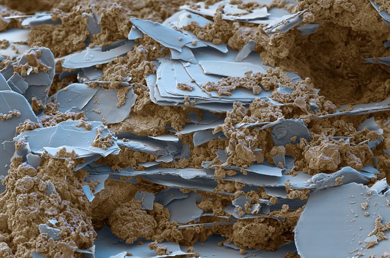 Das Dämpfungsmaterial Acronal 3612X der BASF nimmt Schwingungen der Metallteile des Autos auf. Die in der wässrigen Dispersion enthaltenen Polymerketten wandeln Störgeräusche der Karosserie in Wärme um und speichern diese. Vergrößerung 320:1 (bei 12 cm Bildbreite). (Bild: BASF)